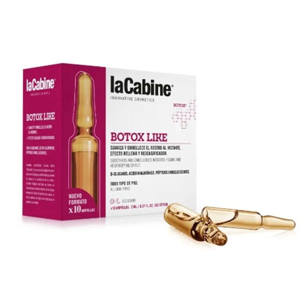 Produktverpackung mit einer Ampulle. Auf der Verpackung steht "La Cabine Botox Like". Zwei Ampullen liegen daneben.