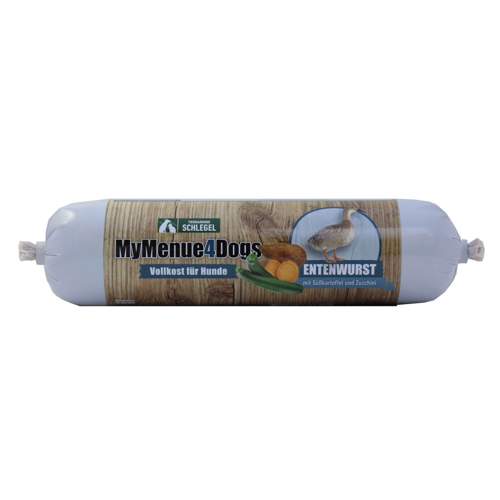 Wurst für Hunde. Zylindrische Verpackung mit Produktnamen, Illustrationen und Text. Enthält Ente, Kartoffeln und Zucchini.