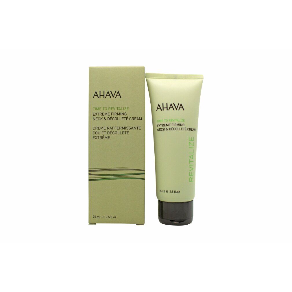 Creme-Tube und Schachtel. Aufschrift: AHAVA Time To Revitalize Extreme Firming Neck & Décolleté Cream. Grün-beige Farbgebung.