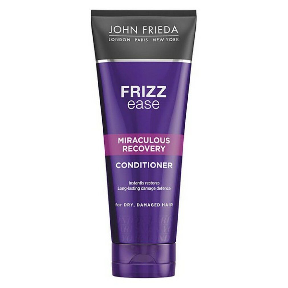 Violette Tube mit schwarzem Deckel. Aufschrift: John Frieda, Frizz Ease, Miraculous Recovery Conditioner. Für trockenes, geschädigtes Haar.