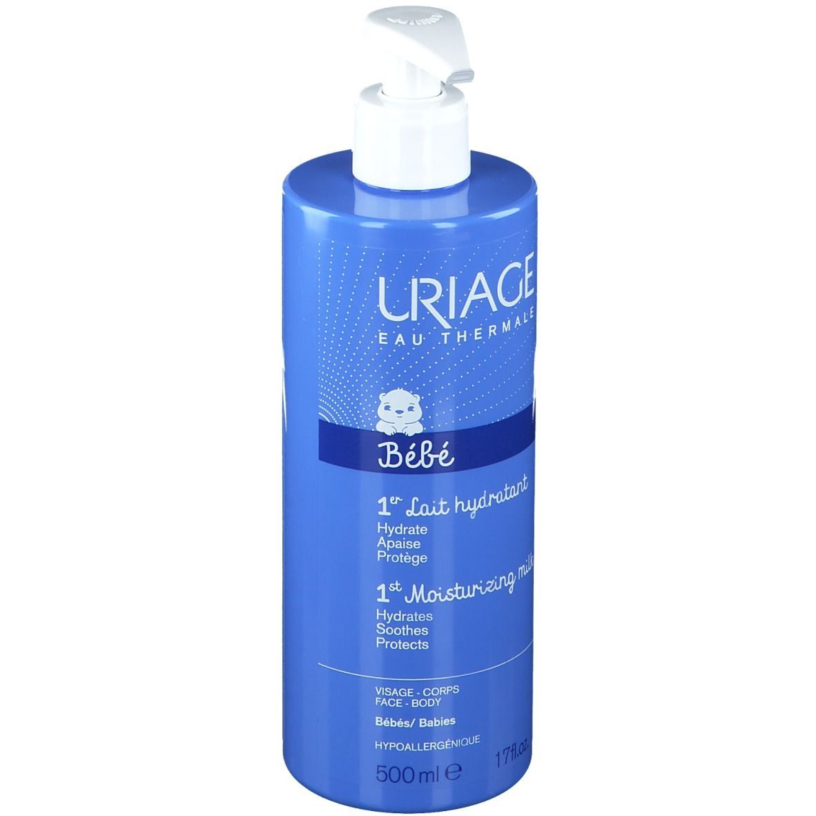 Flacon bleu avec pompe. Texte: Uriage Bébé, 1er Lait hydratant, 1er Moisturizing milk. 500ml, 17 fl.oz.