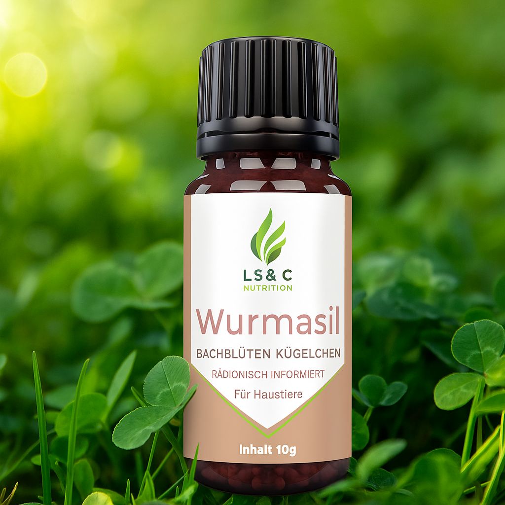 Braune Glasflasche mit schwarzem Deckel, vor grünem Kleeblatt-Hintergrund. Etikett mit Produktnamen und Logo.