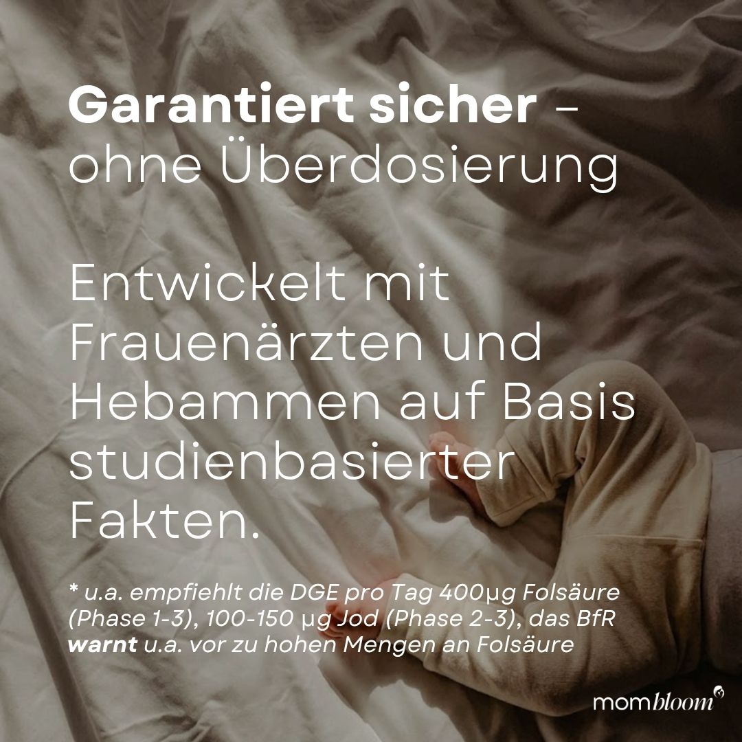 Textabschnitte mit Informationen zur Sicherheit und Überdosierung. mombloom® Logo.