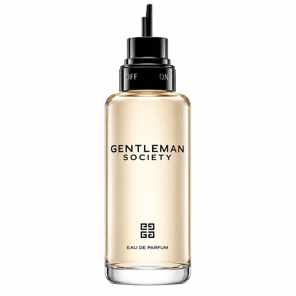 Givenchy Gentleman Society Eau de Parfum Flakon mit schwarzem Verschluss und Applikator.