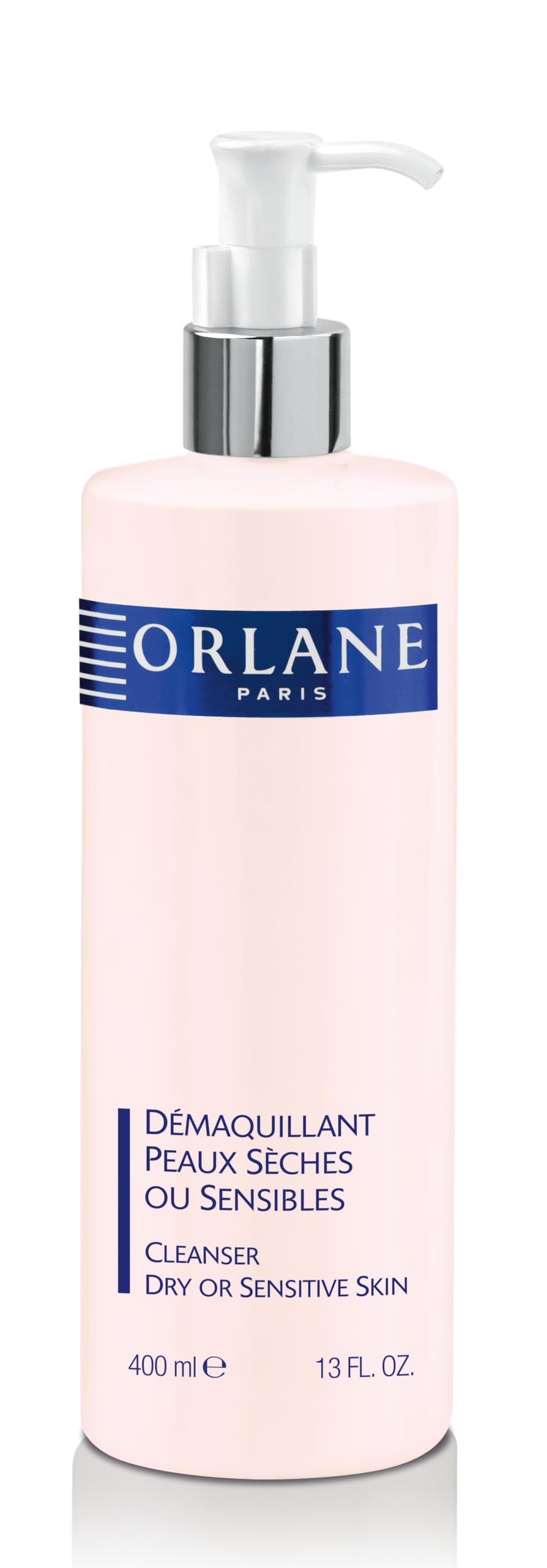 Rosa Flasche mit Pumpe. Aufschrift: ORLANE PARIS, DÉMAQUILLANT PEAUX SÈCHES OU SENSIBLES, CLEANSER DRY OR SENSITIVE SKIN, 400 ml.