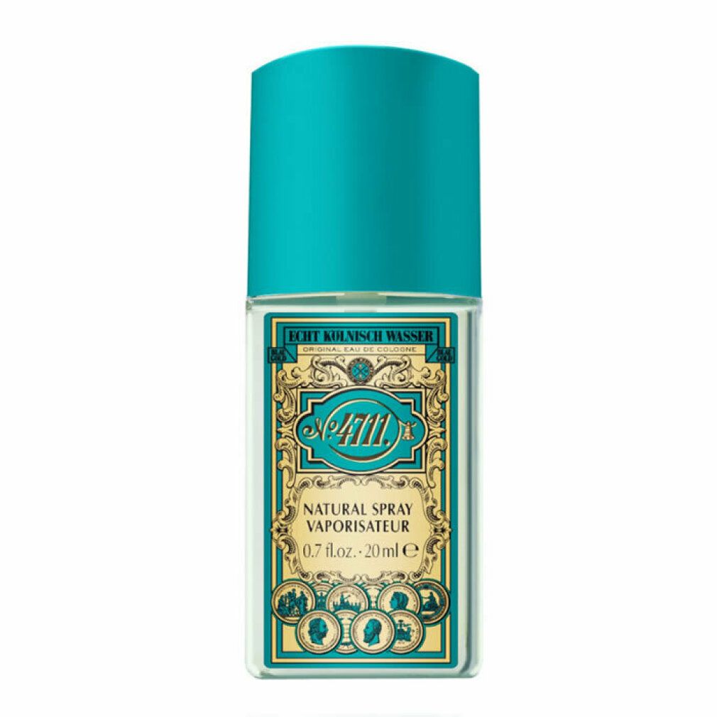 Klarer Flakon mit türkisfarbenem Deckel. Aufschrift: Echt Kölnisch Wasser, No. 4711, Natural Spray Vaporisateur, 20ml.