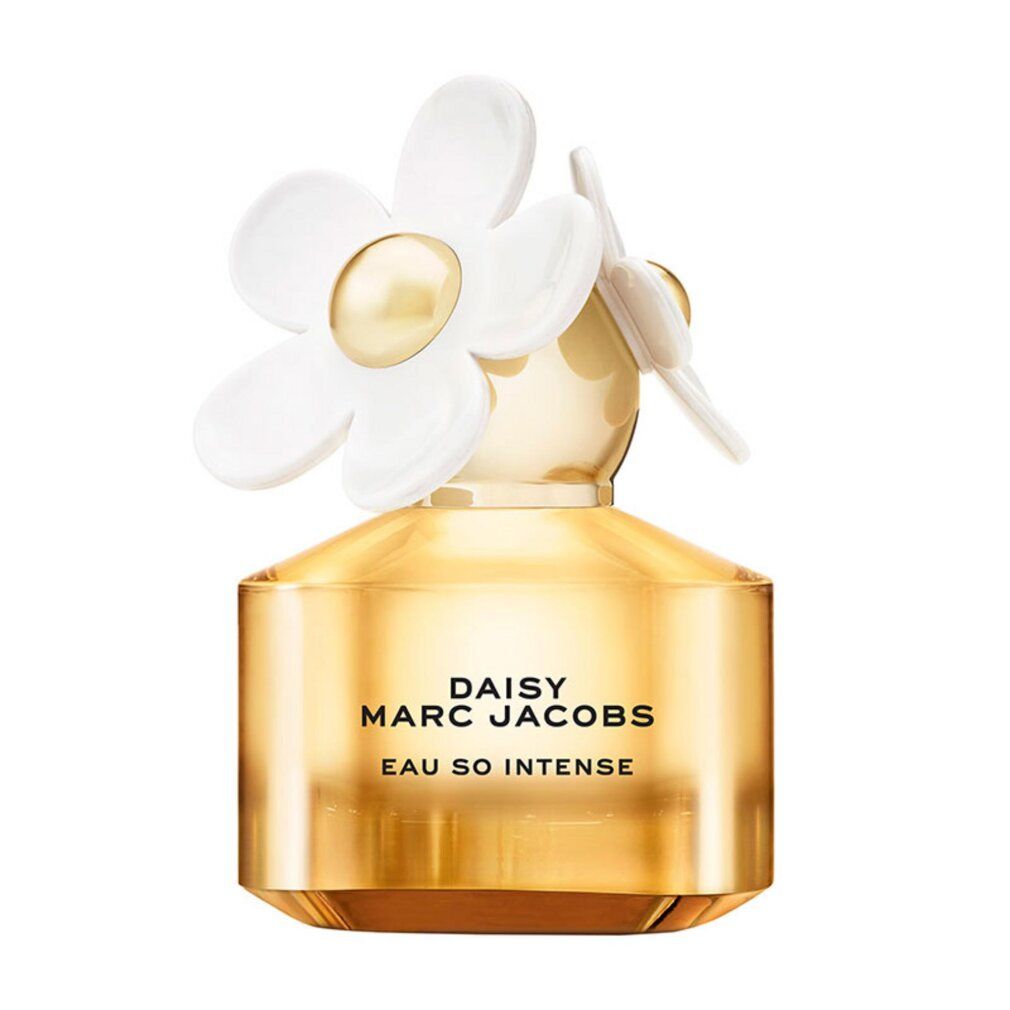 Parfümflakon mit gelber Flüssigkeit, weißer Blüte auf dem Deckel. Aufschrift: Daisy Marc Jacobs Eau So Intense.