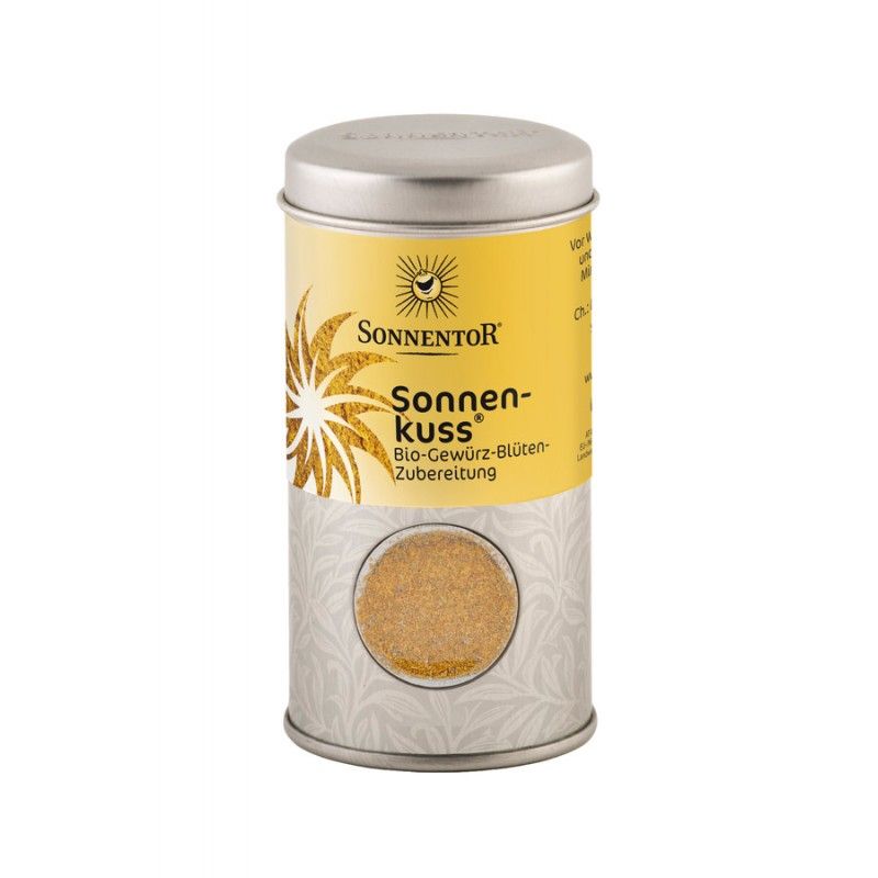 Zylindrische Dose mit Deckel. Aufschrift: Sonnentor Sonnenkuss Bio-Gewürz-Blüten-Zubereitung. Sichtfenster mit Inhalt.