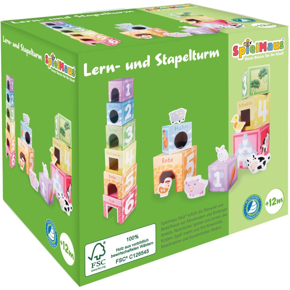 Spielmaus Stapelturm-Verpackung. Grün, mit Produktabbildung. FSC-Zertifizierung. Text: Lern- und Stapelturm, +12m.