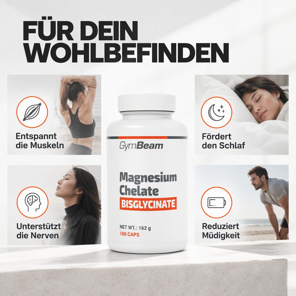 GymBeam Magnesium Chelate Bisglycinate Kapseln, 180 Stück. Unterstützt Nerven, entspannt Muskeln, fördert Schlaf, reduziert Müdigkeit.