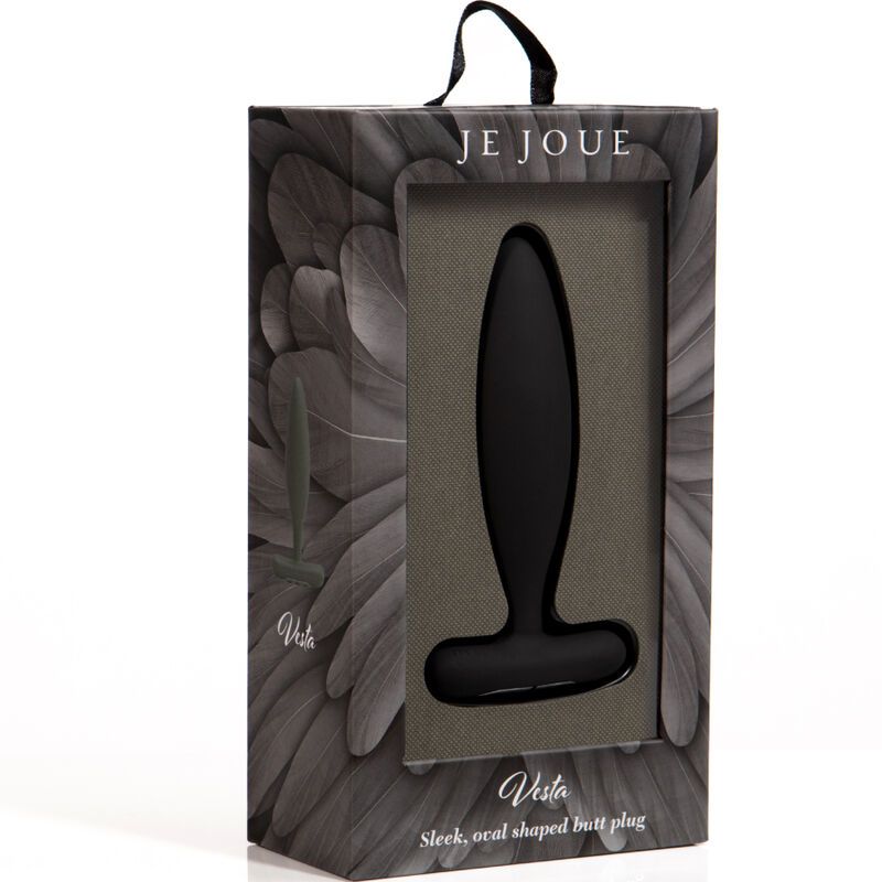 Verpackung mit schwarzem Analplug. Marke: Je Joue. Text: Vesta, Sleek, oval shaped butt plug.