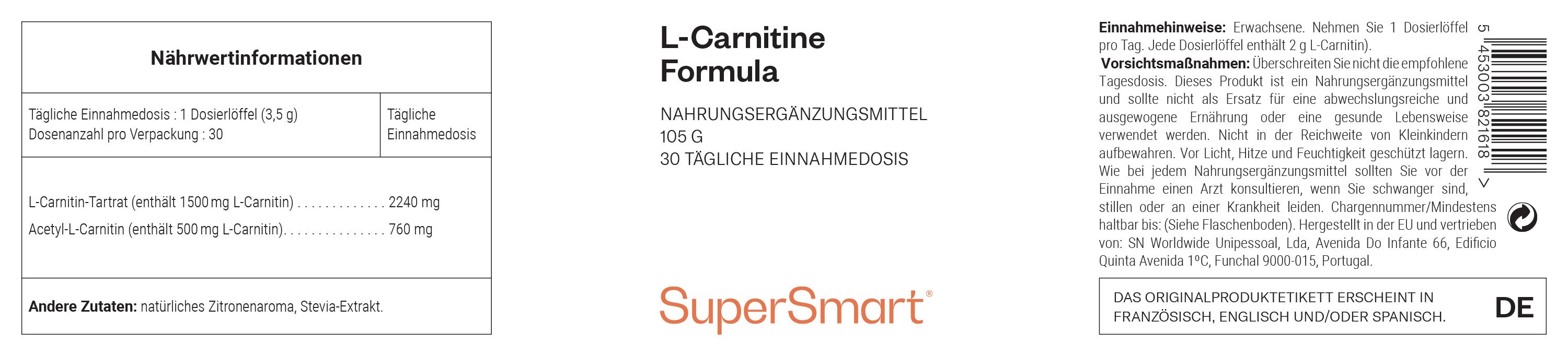 Etikett mit Produktinformationen. Enthält L-Carnitin-Formel, 100 g. Marke: SuperSmart. Text in Deutsch.