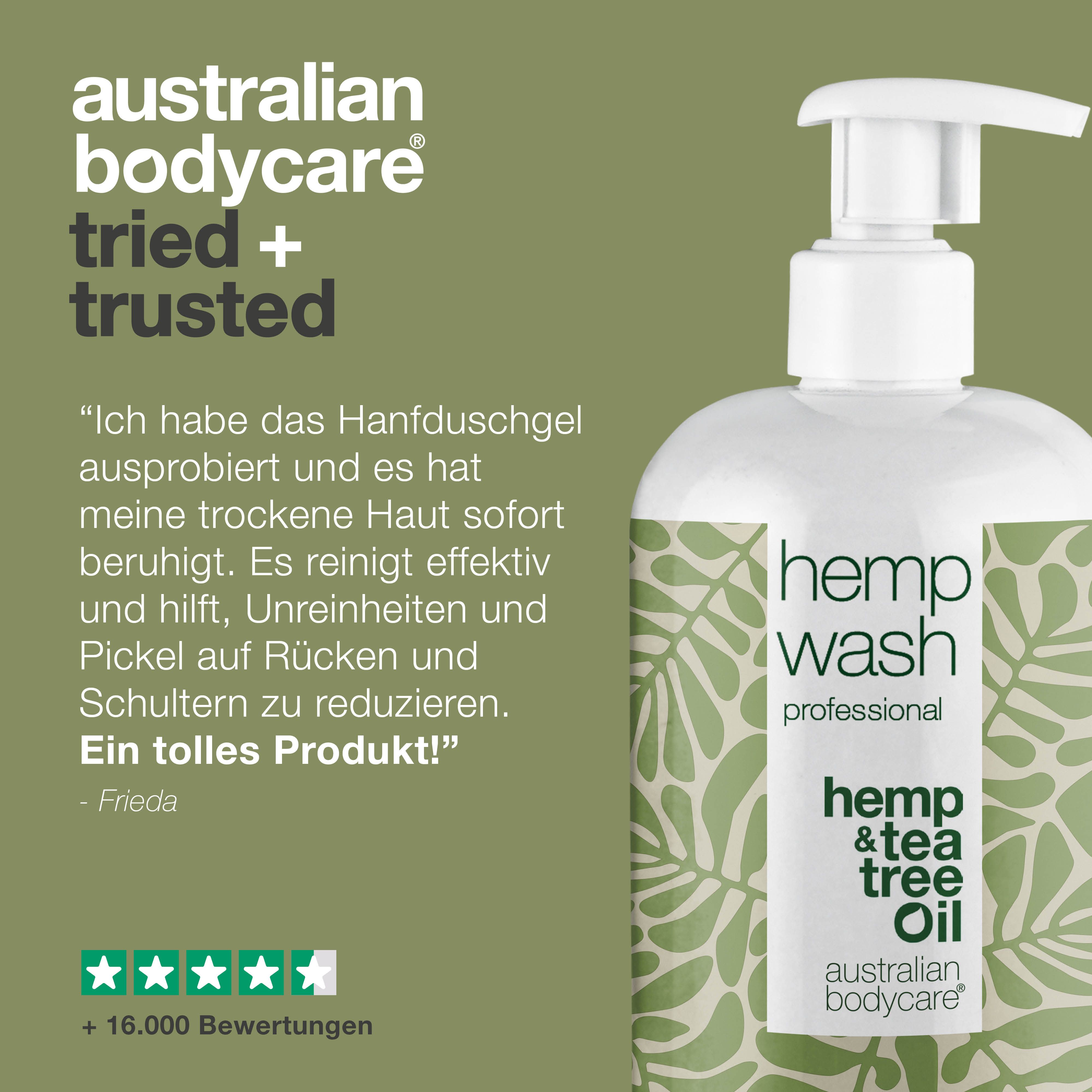 Produkt neben Text: Erfahrungsbericht, Hanfduschgel beruhigt trockene Haut, reinigt, hilft bei Unreinheiten, 5 Sterne Bewertung.