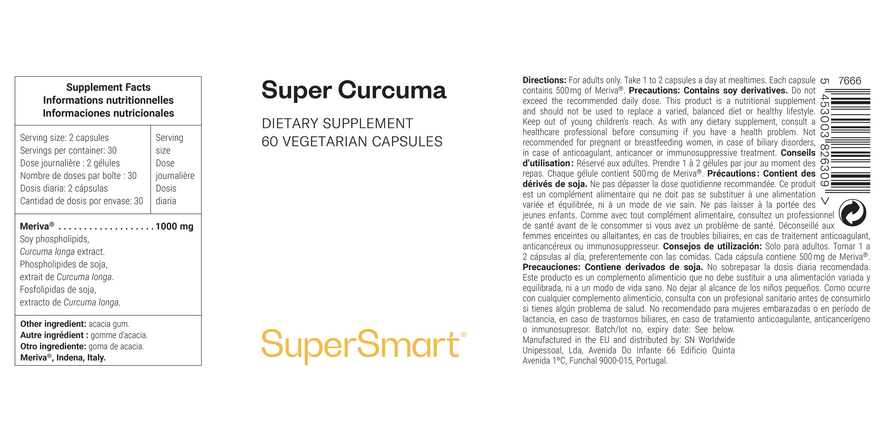 Etikett mit "Super Curcuma", "Dietary Supplement", "60 Vegetarian Capsules". Nährwertangaben und Inhaltsstoffe sind ebenfalls aufgeführt. Marke: SuperSmart.