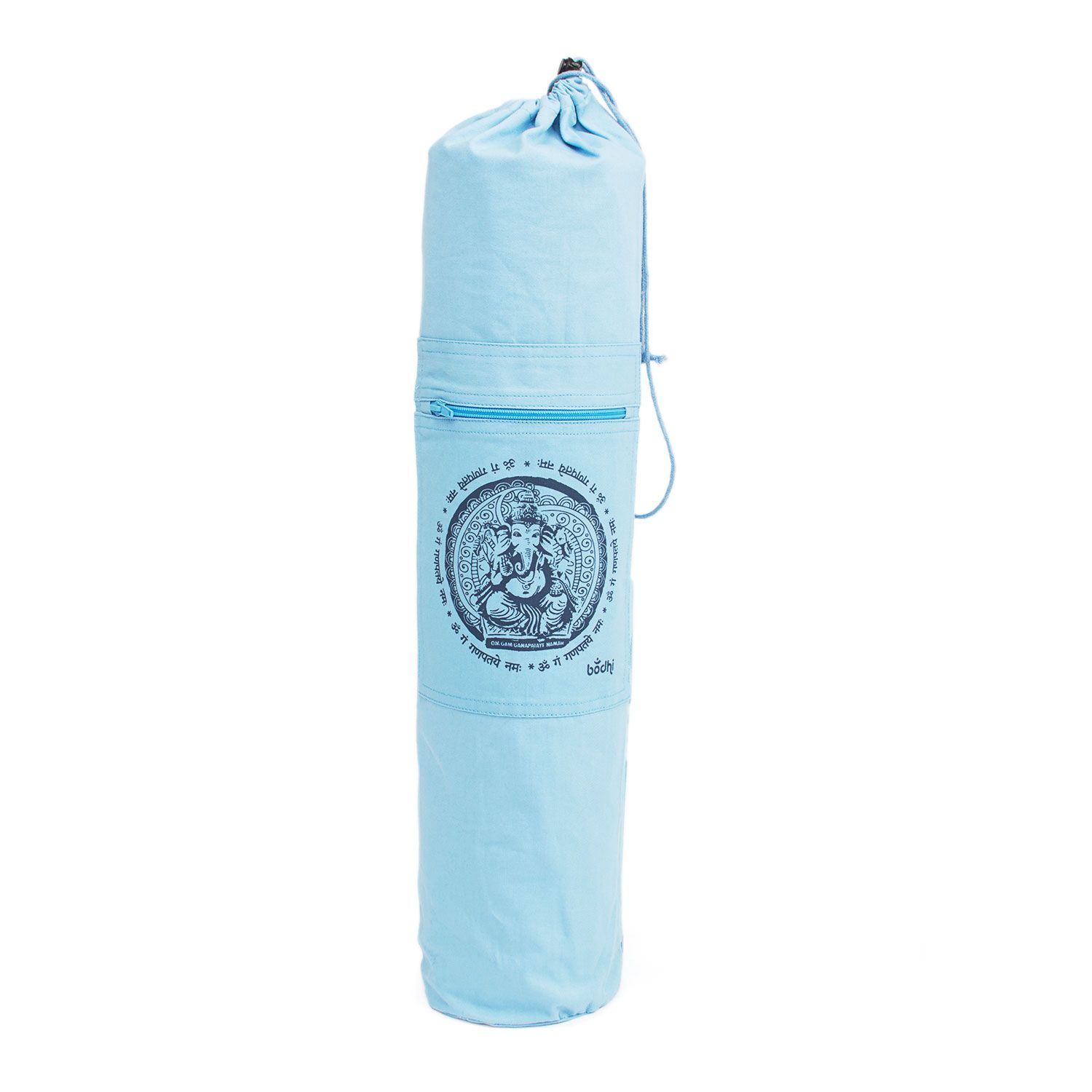 Hellblaue Yogatasche aus Baumwolle. Mit Ganesh-Motiv, Reißverschluss und Kordelzugverschluss.