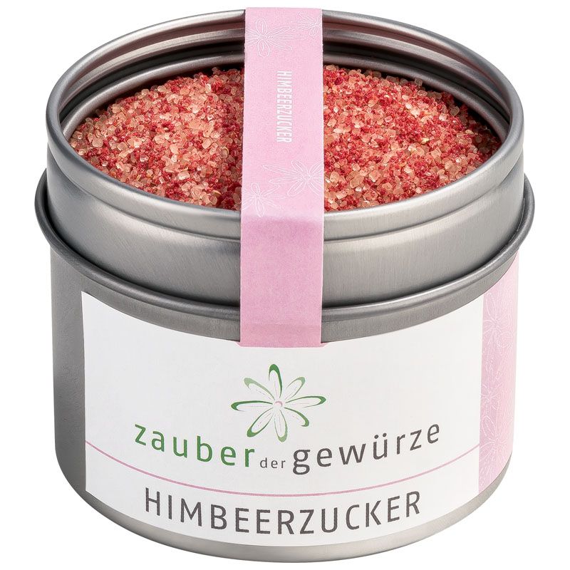 Runde Dose mit Himbeerzucker. Rosa Zucker in Dose. Rosa Etikett mit Schriftzug. Marke: Zauber der Gewürze.