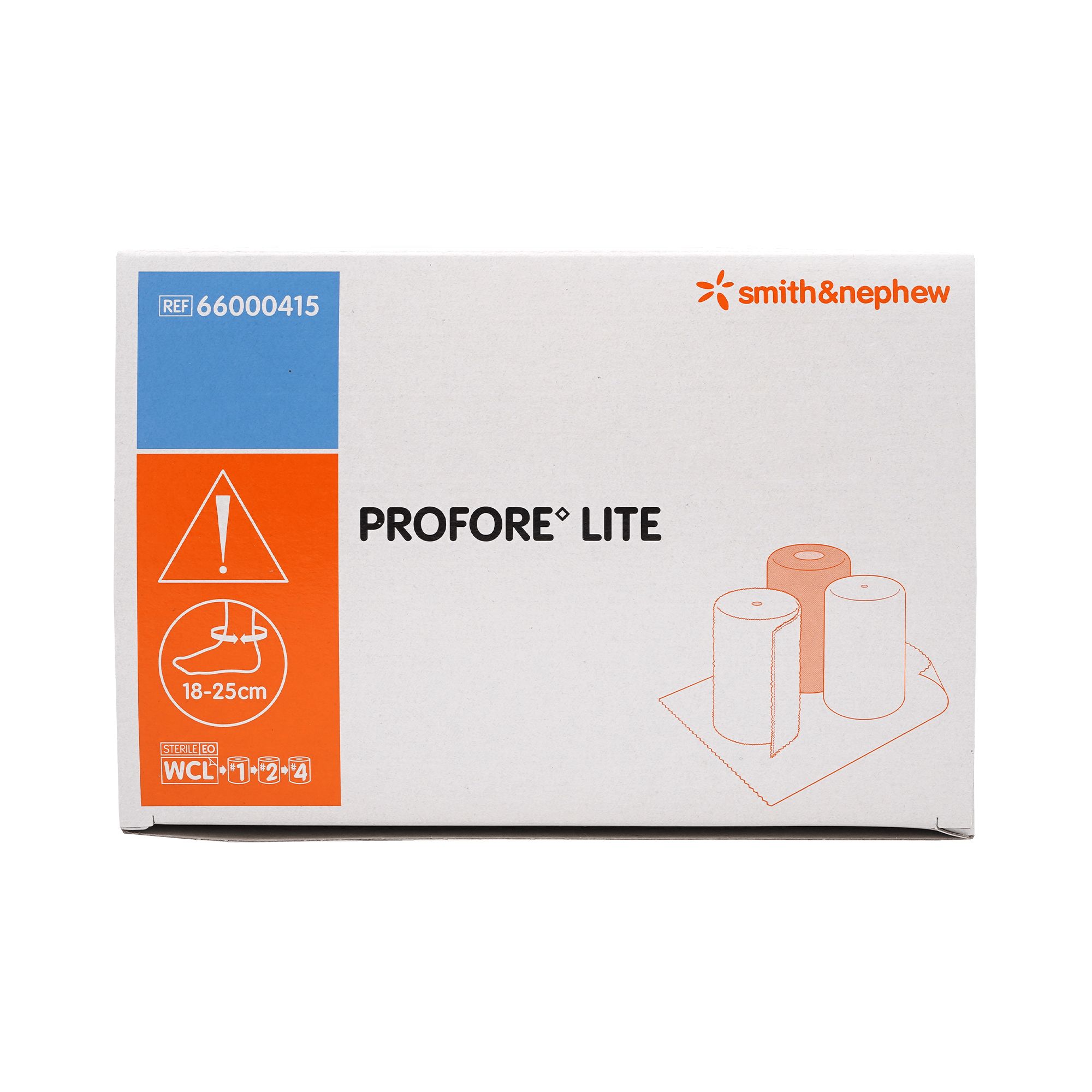 PROFORE LITE Kompressionsbinde-Verpackung. Smith & Nephew Logo. Warnhinweis, Fußsymbol, Größenangabe 18-25cm.