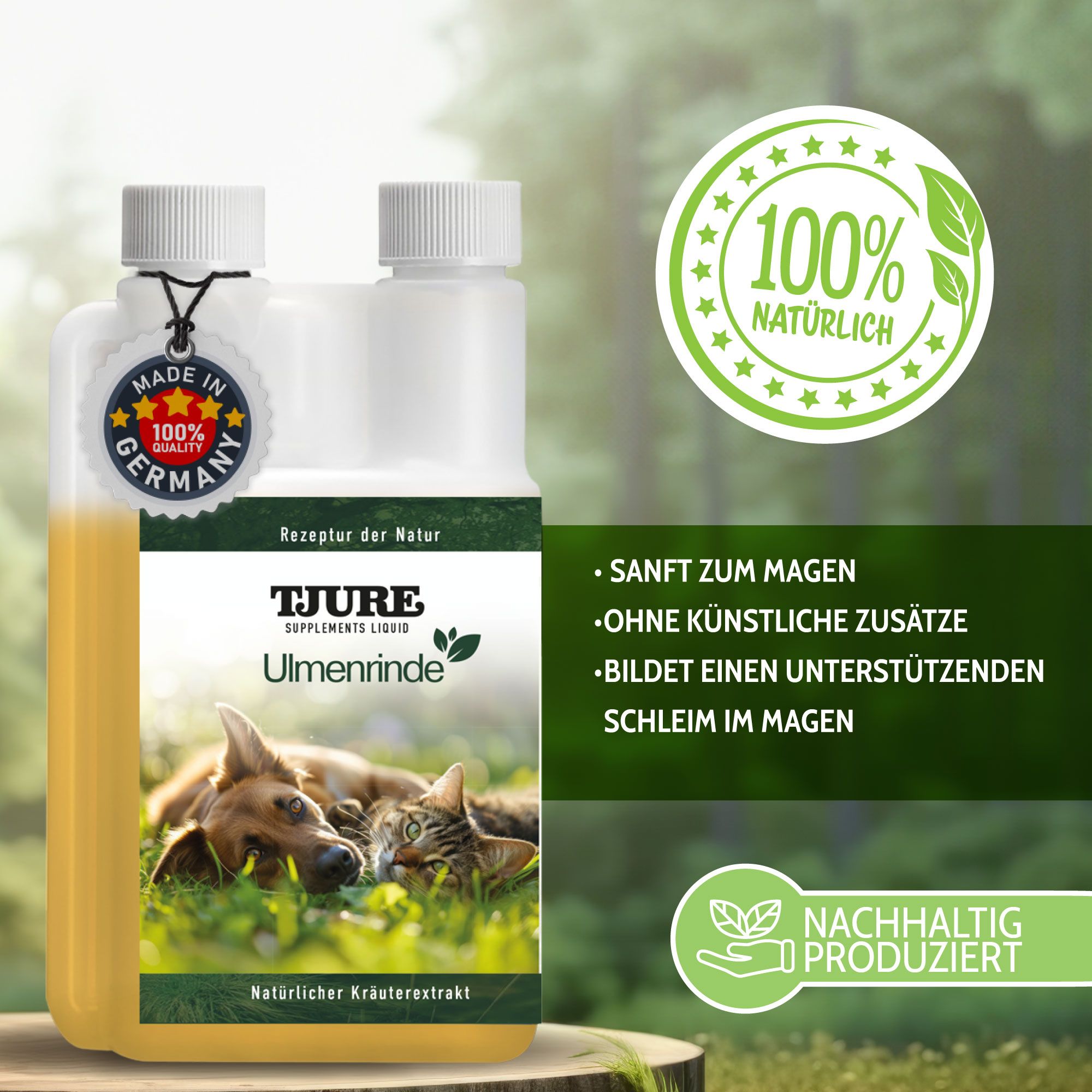 Doppelflasche mit gelber Flüssigkeit. Etikett mit Produktname, Marke TJURE und Abbildung von Hund und Katze. Text: 100% natürlich.