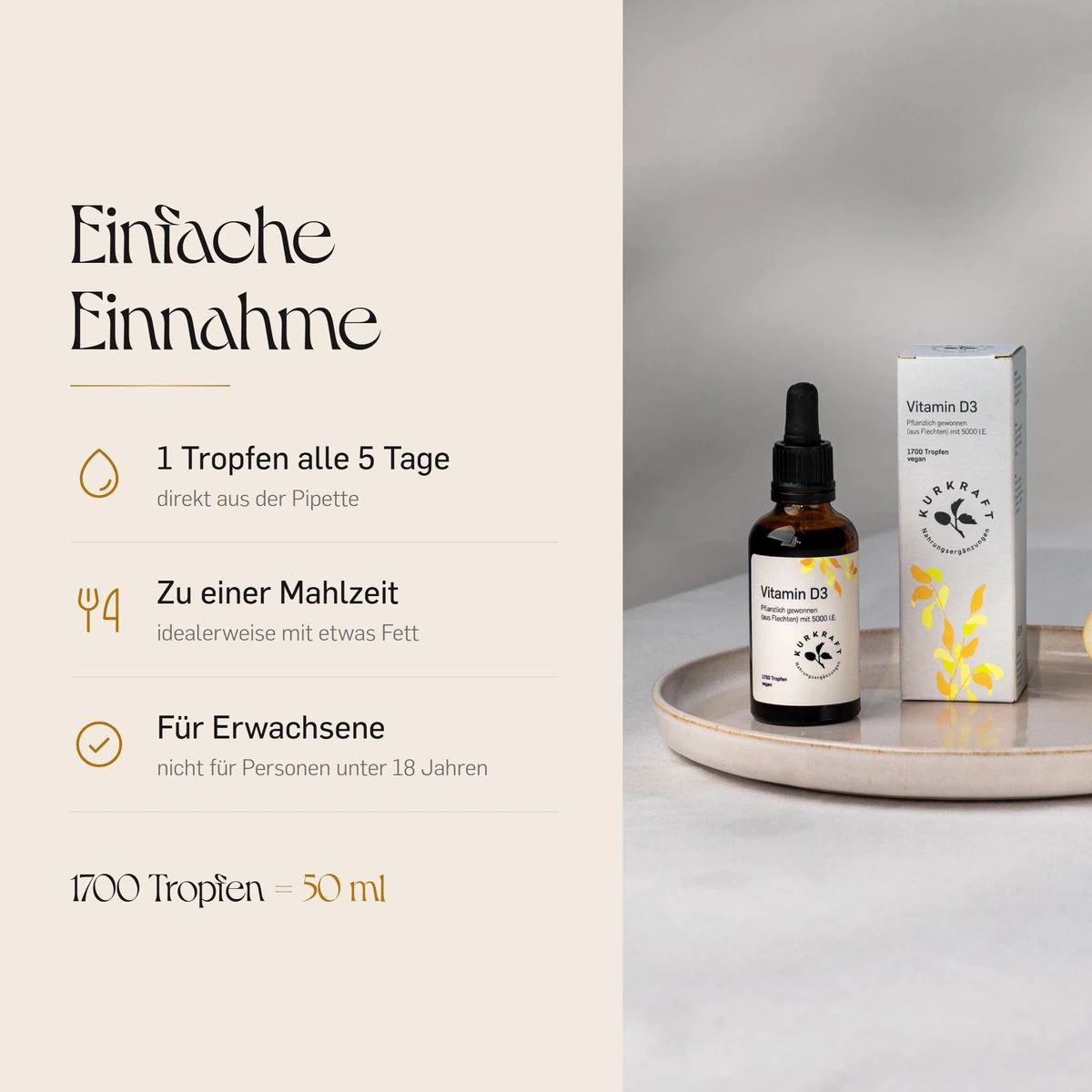 Übersicht über Kurkraft Vitamin D3: Inhaltsstoffe, Menge, Einnahme.