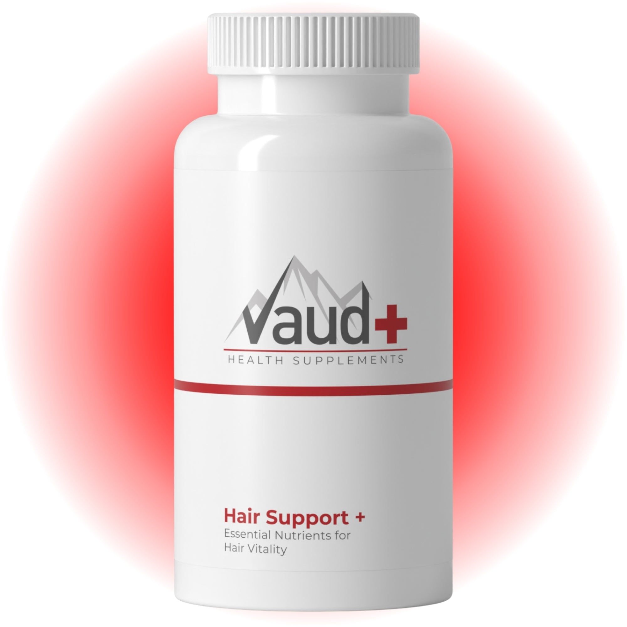 Weiße Flasche mit rotem Etikett. Aufschrift: Vaud+ Health Supplements. Produktname: Hair Support+. Enthält essentielle Nährstoffe.