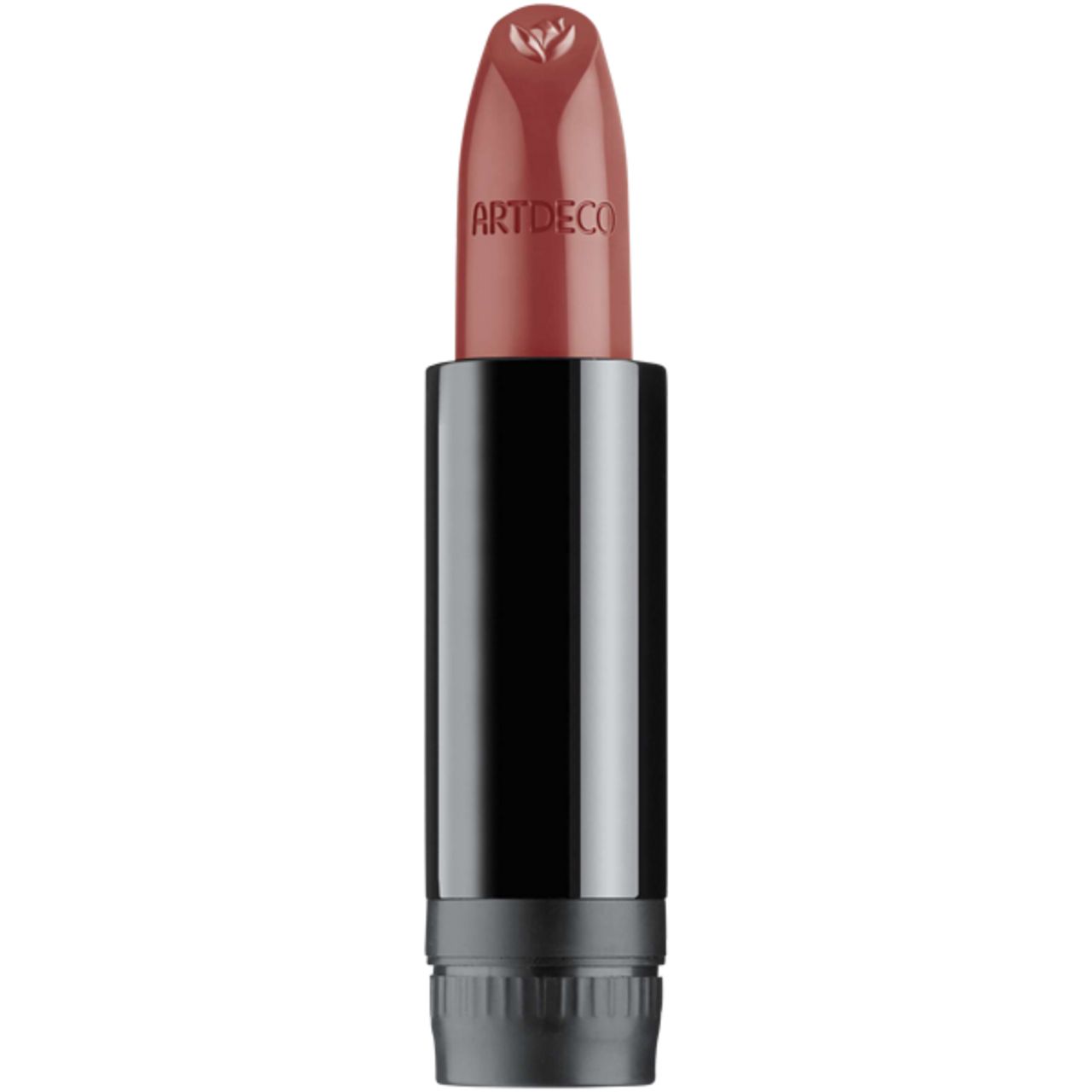 Lippenstift-Refill. Brauner Lippenstift mit schwarzem Gehäuse. Auf dem Lippenstift steht "ARTDECO".