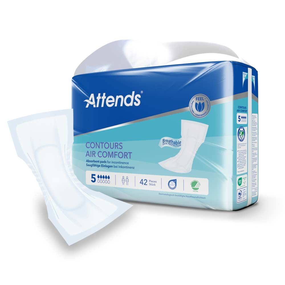 Verpackung Attends Contours Air Comfort 5. Zwei Einlagen daneben. Aufdrucke: Marke, Produktname, Saugstärke, Stückzahl, atmungsaktiv.