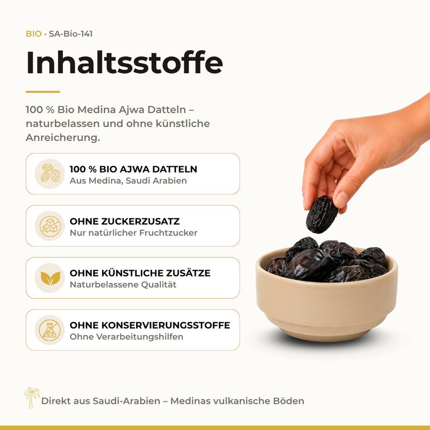 100% Bio Medina Ajwa Datteln aus Saudi-Arabien, ohne Zuckerzusatz oder künstliche Zusätze.