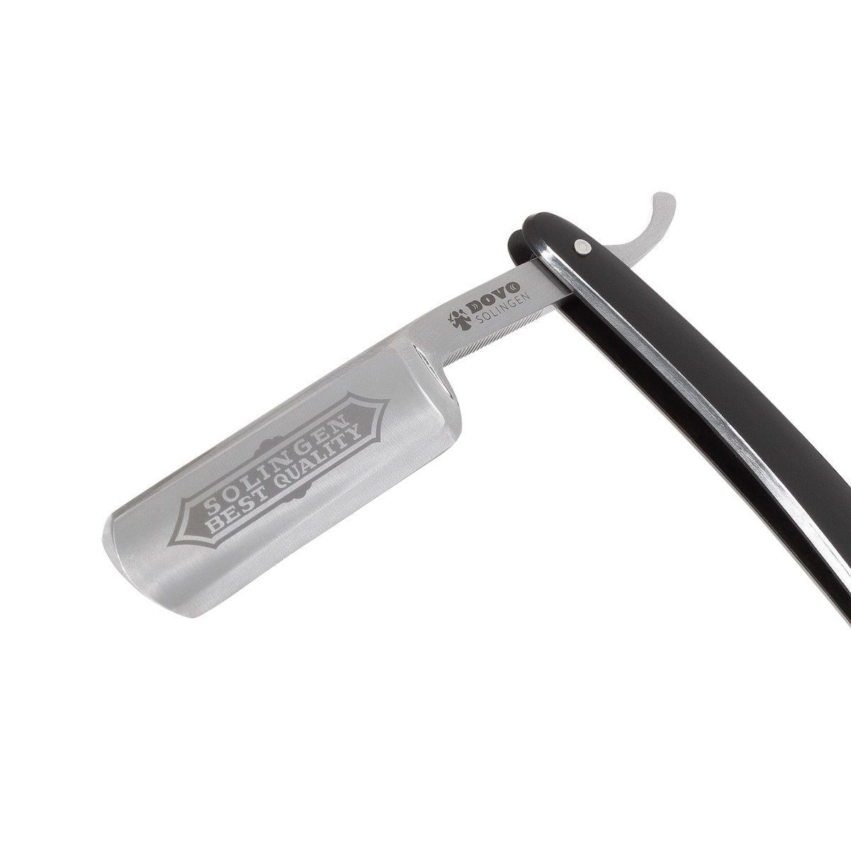 Rasiermesser, geöffnet. Klinge mit Gravur "SOLINGEN BEST QUALITY" und Logo. Schwarzer Griff. Herstellerlogo "DOVO".