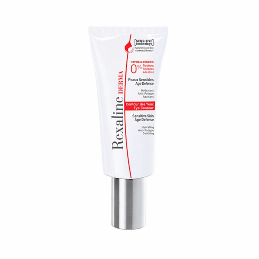 Weiße Tube mit silbernem Verschluss. Aufschrift: Rexaline Derma Eye Contour. Enthält Informationen zu Inhaltsstoffen und Zertifizierungen.