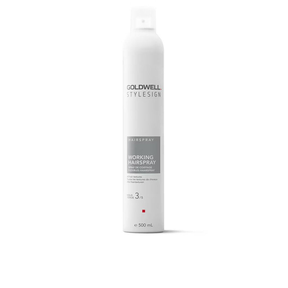 Goldwell Stylesign Arbeitshaarspray. Weiße Sprühflasche mit grauer Schrift. Produktname und Volumenangabe.