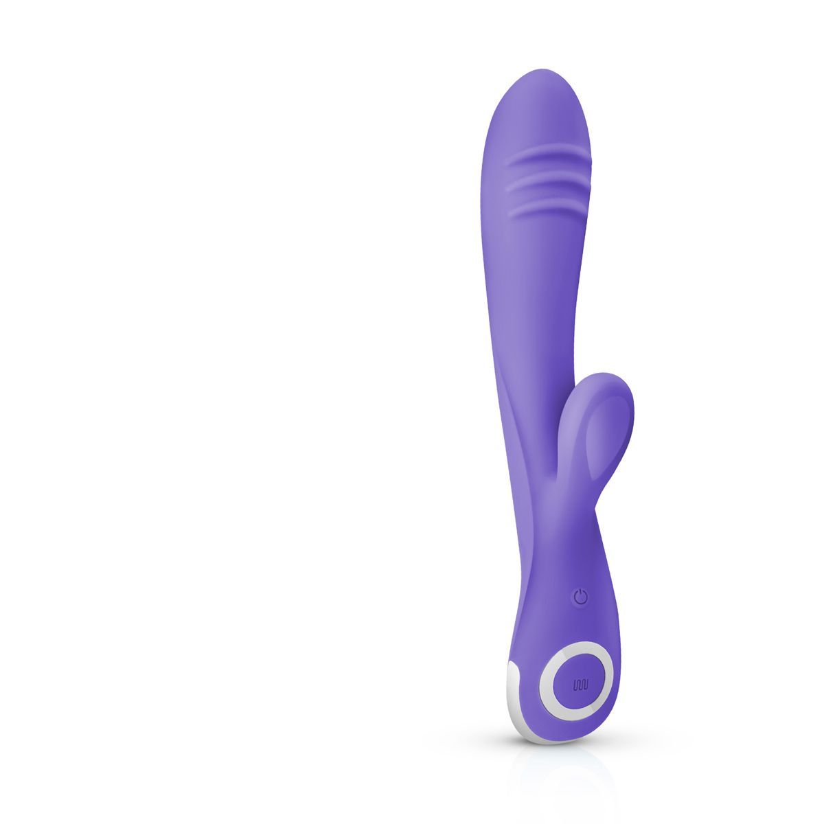 Vibrateur violet de forme incurvée. Avec deux anneaux en relief et une partie incurvée.