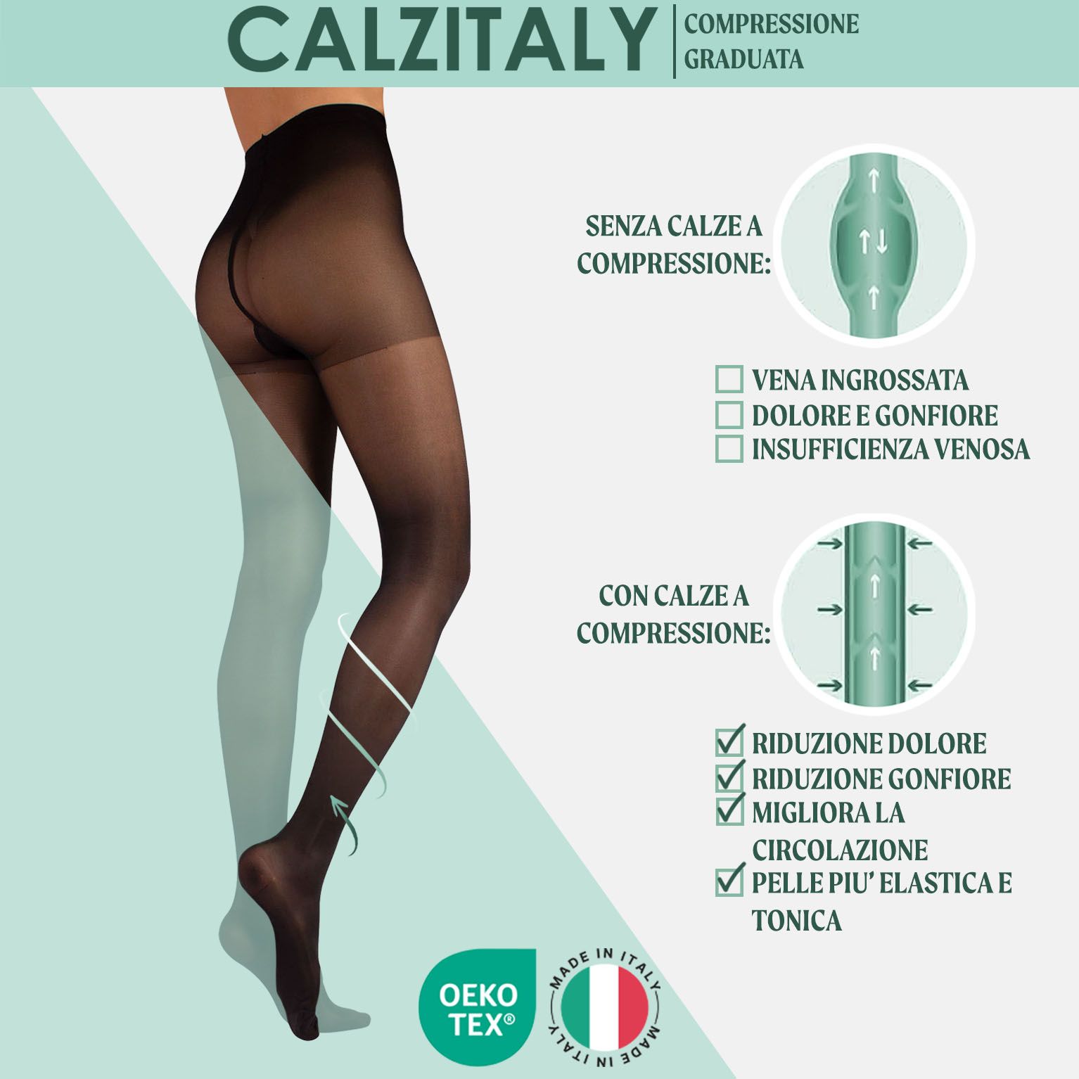 Schwarze Kompressionsstrumpfhose. Vorteile: Reduziert Schmerzen, Schwellungen, verbessert die Durchblutung. OEKO-TEX® zertifiziert.