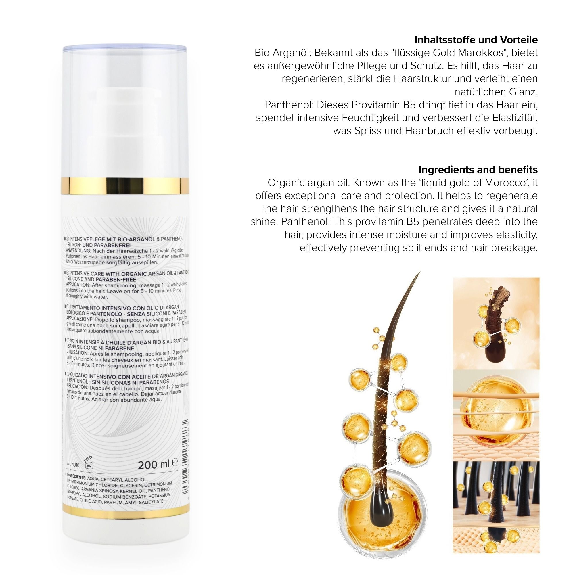 Rückseite der LUTTMANN® Intensive Hair Mask Flasche. Produktinformationen, Inhaltsstoffe und Anwendungsbeispiele.