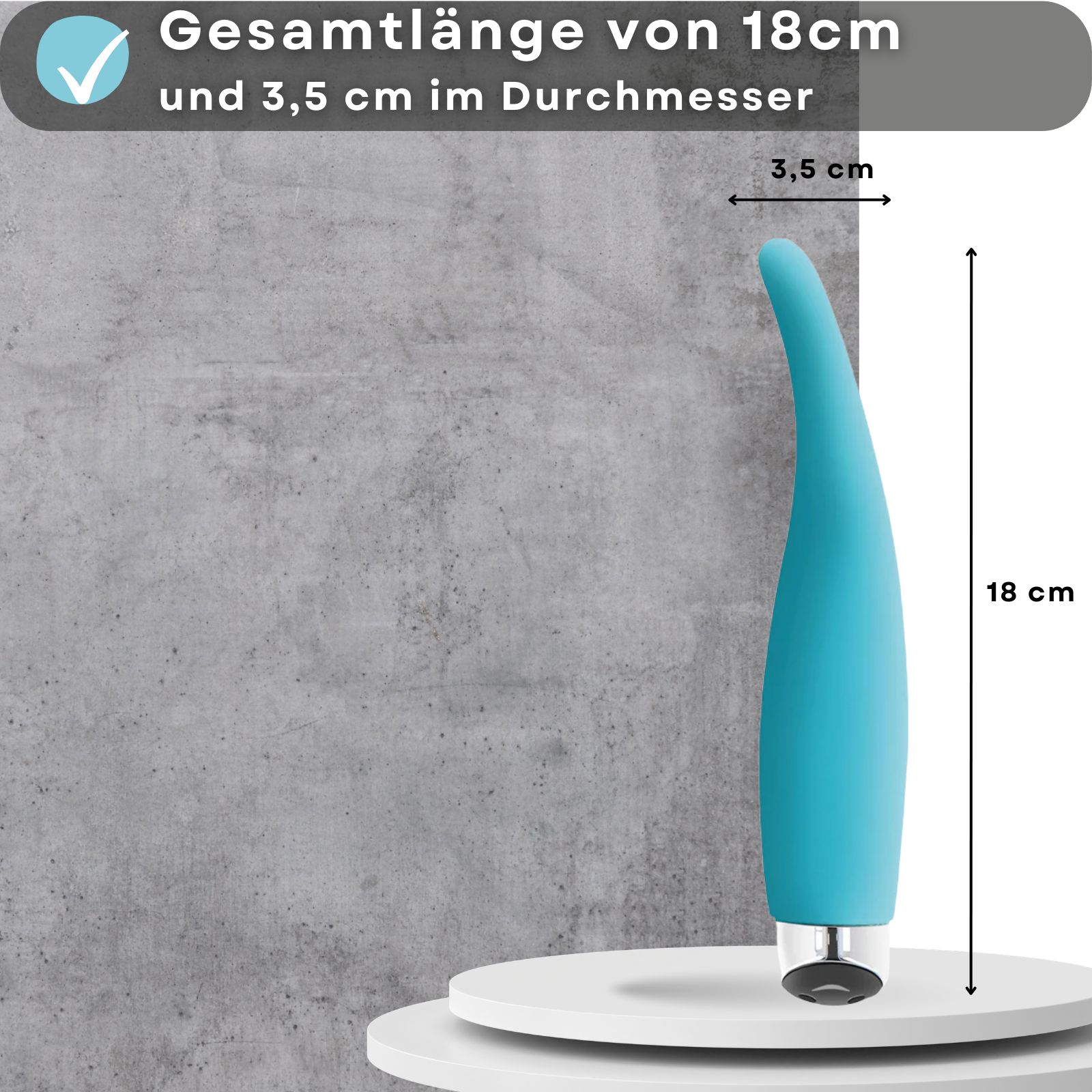 Blauer Vibrator. Text: Vibrator aus Silikon, 18cm lang, 3,5cm Durchmesser, G-Punkt Stimulation, USB aufladbar, 7 Modi.