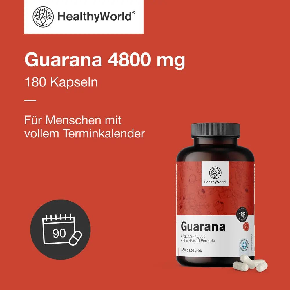 Flasche mit Kapseln. Aufschrift: Guarana, 4800 mg, 180 Kapseln. Logo: HealthyWorld. Abbildung: 90 Kapseln.