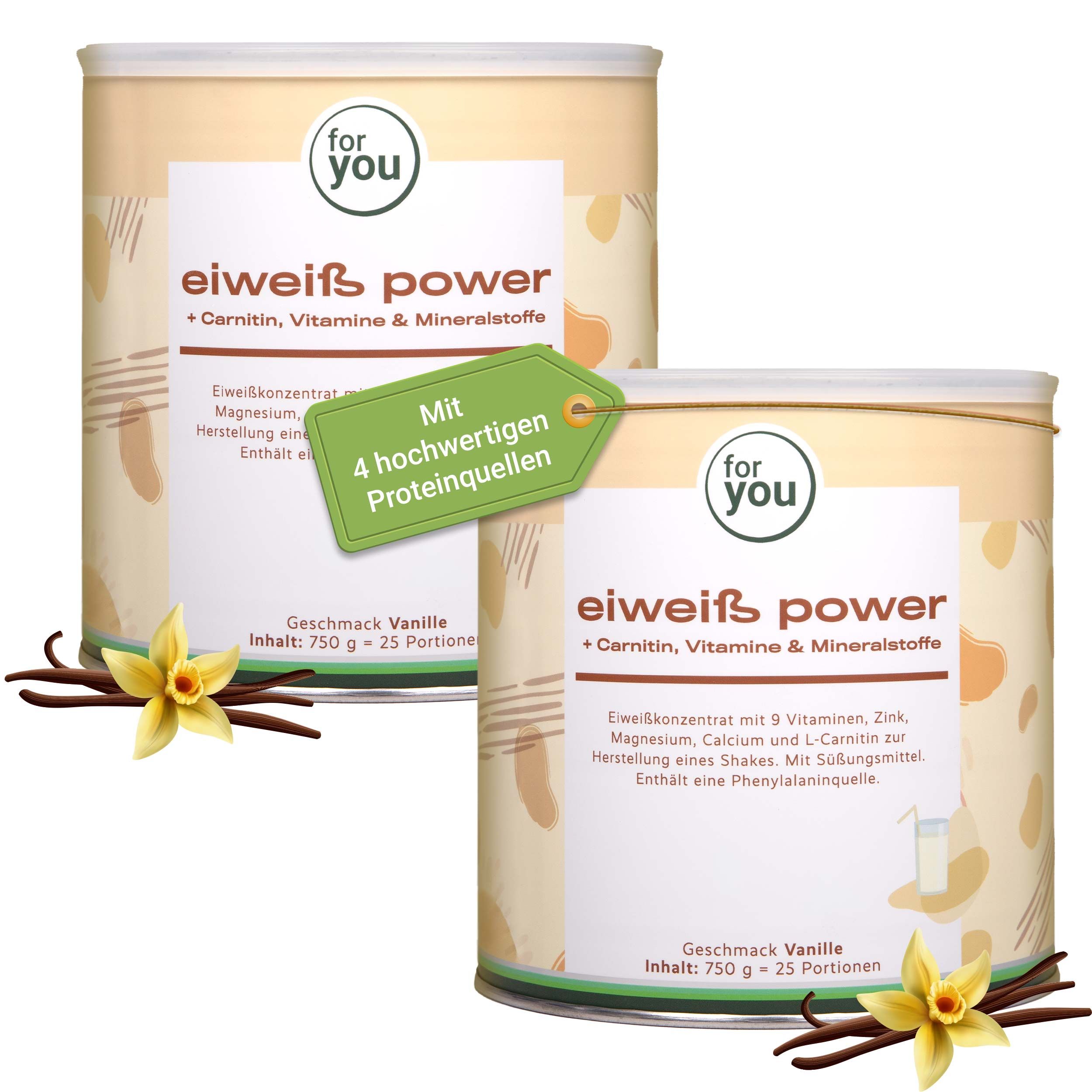 Zwei Dosen Eiweißpulver mit Vanillegeschmack, mit Etikett 'Mit 4 hochwertigen Proteinquellen'.