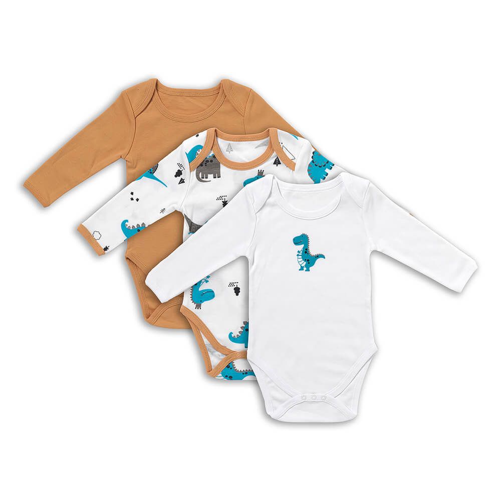 Drei Baby-Bodys mit langen Ärmeln. Farben: Senfgelb, weiß mit Dinosaurier-Print, weiß mit Dinosaurier-Print.