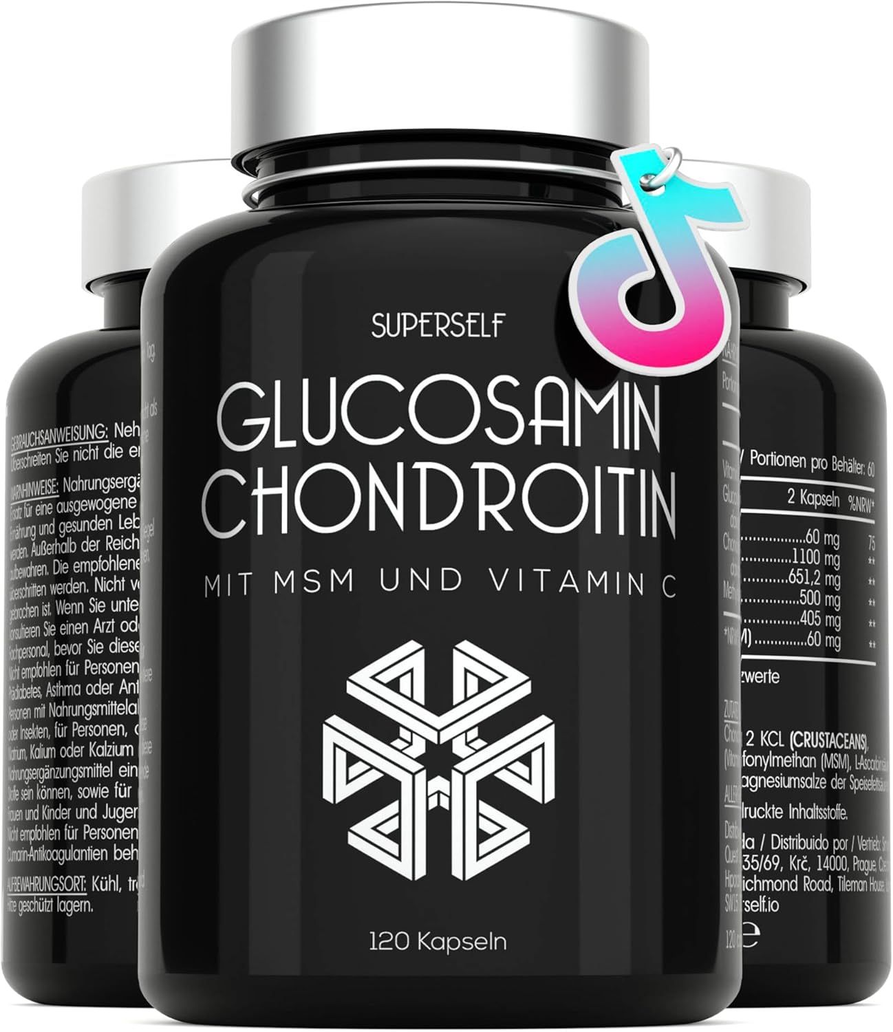 Drei schwarze Flaschen mit weißen Deckeln. Aufschrift: SuperSelf Glucosamin Chondroitin. Text: 120 Kapseln. Zusätzliche Informationen auf der Rückseite.