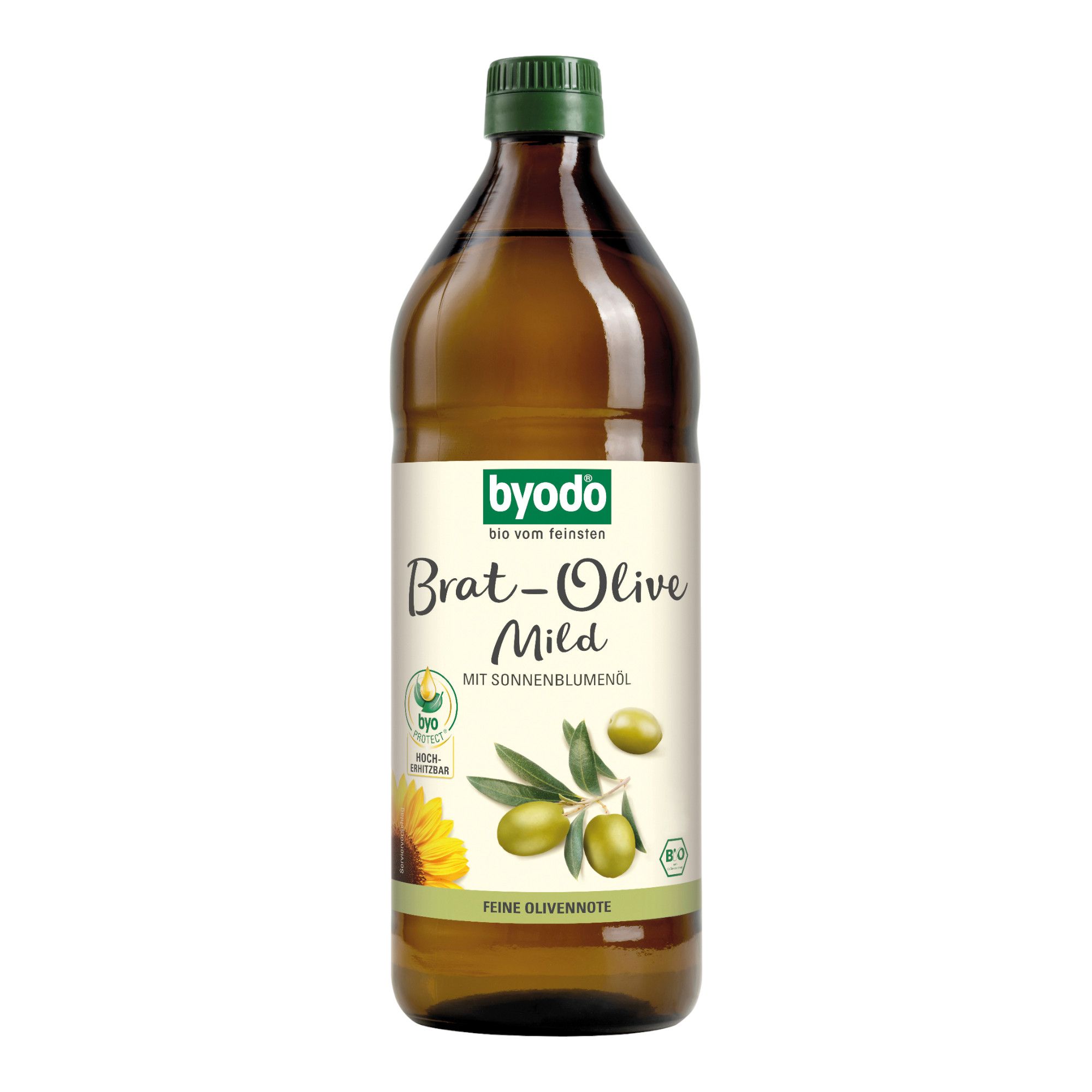 Eine Flasche Bio Brat-Olive Öl mild mit Sonnenblumenöl, Etikett mit Olivenzweig und Sonnenblume.