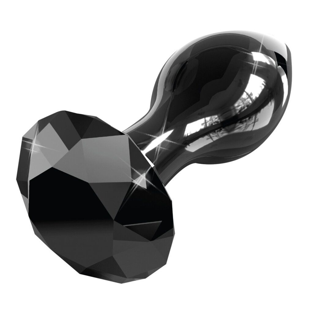 Schwarzer Glas-Analplug mit facettiertem Sockel. Glänzende Oberfläche.