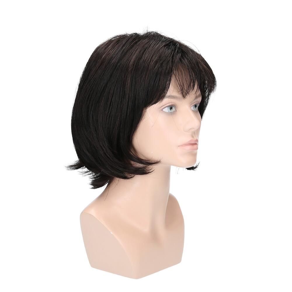 Perücke Maren von trendhair. Dunkelbraune, kurze Kunsthaarperücke mit Pony auf einer Büste. Seitenansicht.