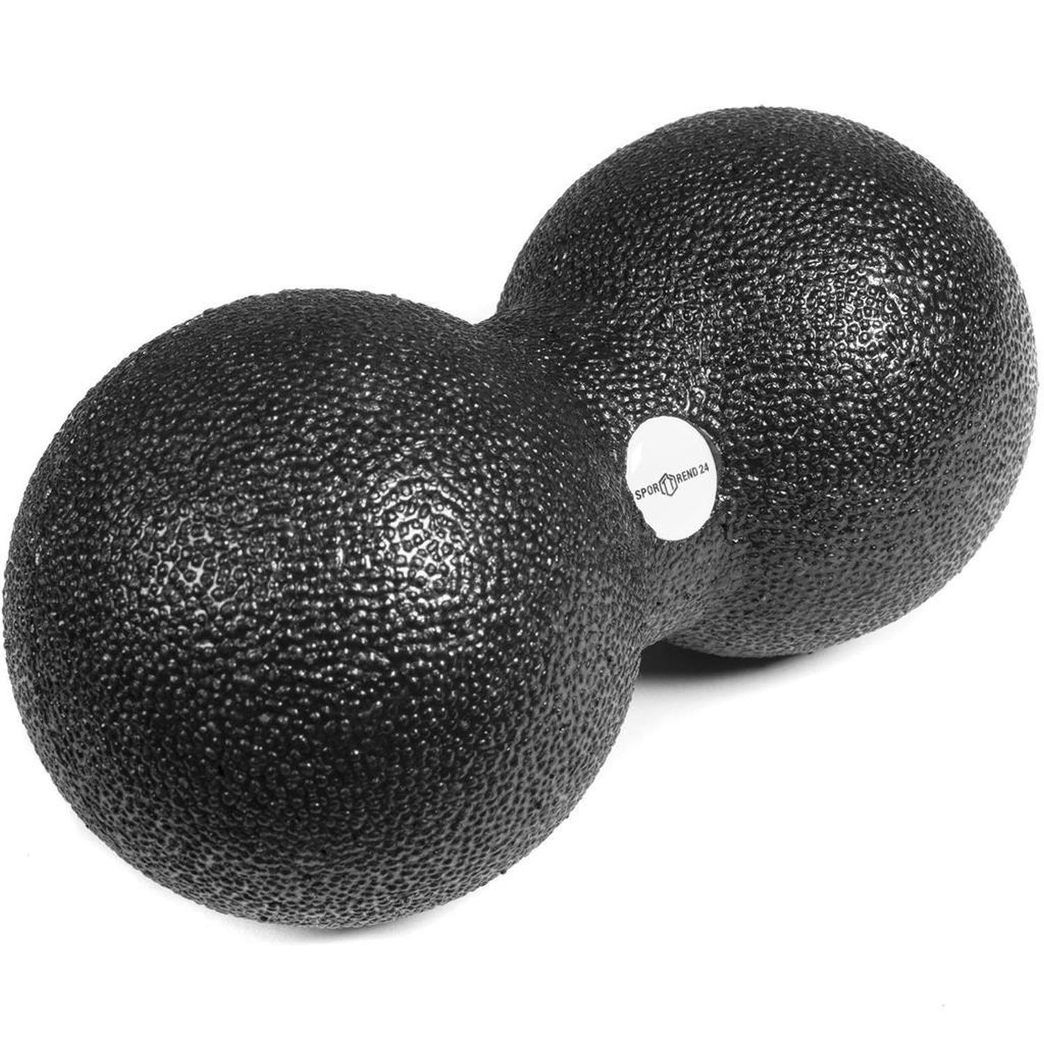 Schwarzer Duoball mit strukturiertem Oberflächenmaterial. Sporttrend24 Logo. Zwei Kugeln verbunden. 