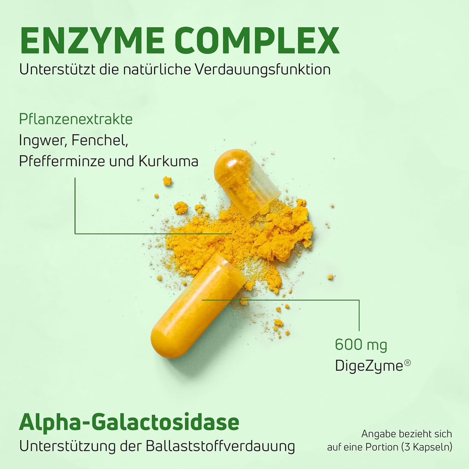 Kapsel geöffnet, Inhalt sichtbar. Text: ENZYME COMPLEX. Pflanzenextrakte: Ingwer, Fenchel, Pfefferminze, Kurkuma. 600 mg DigeZyme®.