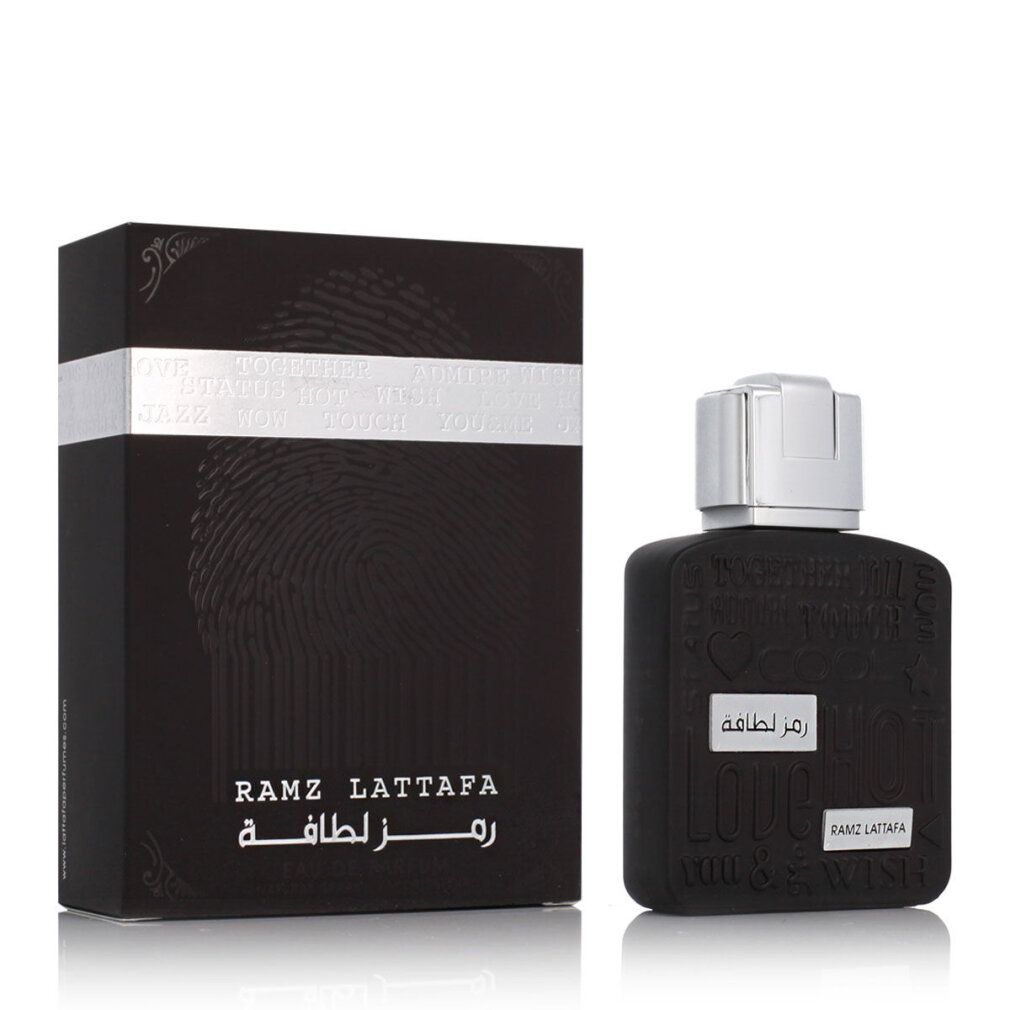 Schwarzer Flakon mit silbernem Verschluss und schwarzer Schachtel. Aufschrift: Ramz Lattafa.