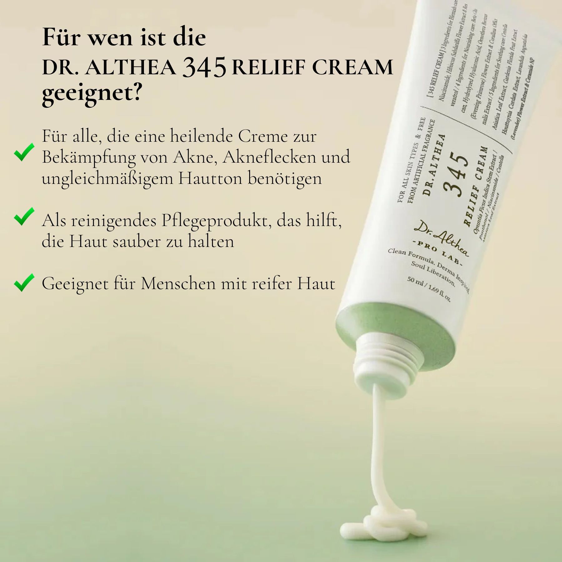Tube Dr. Althea 345 Relief Cream. Text: Geeignet für Akne, Akneflecken, ungleichmäßigen Hautton. Reinigendes Produkt.