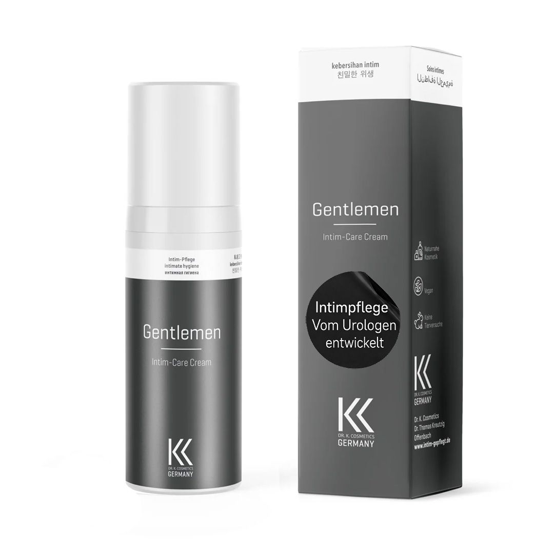 Creme-Spender und Faltschachtel. Aufschrift: Gentlemen Intim-Care Cream. Logo: KK Germany. Text: Vom Urologen entwickelt.