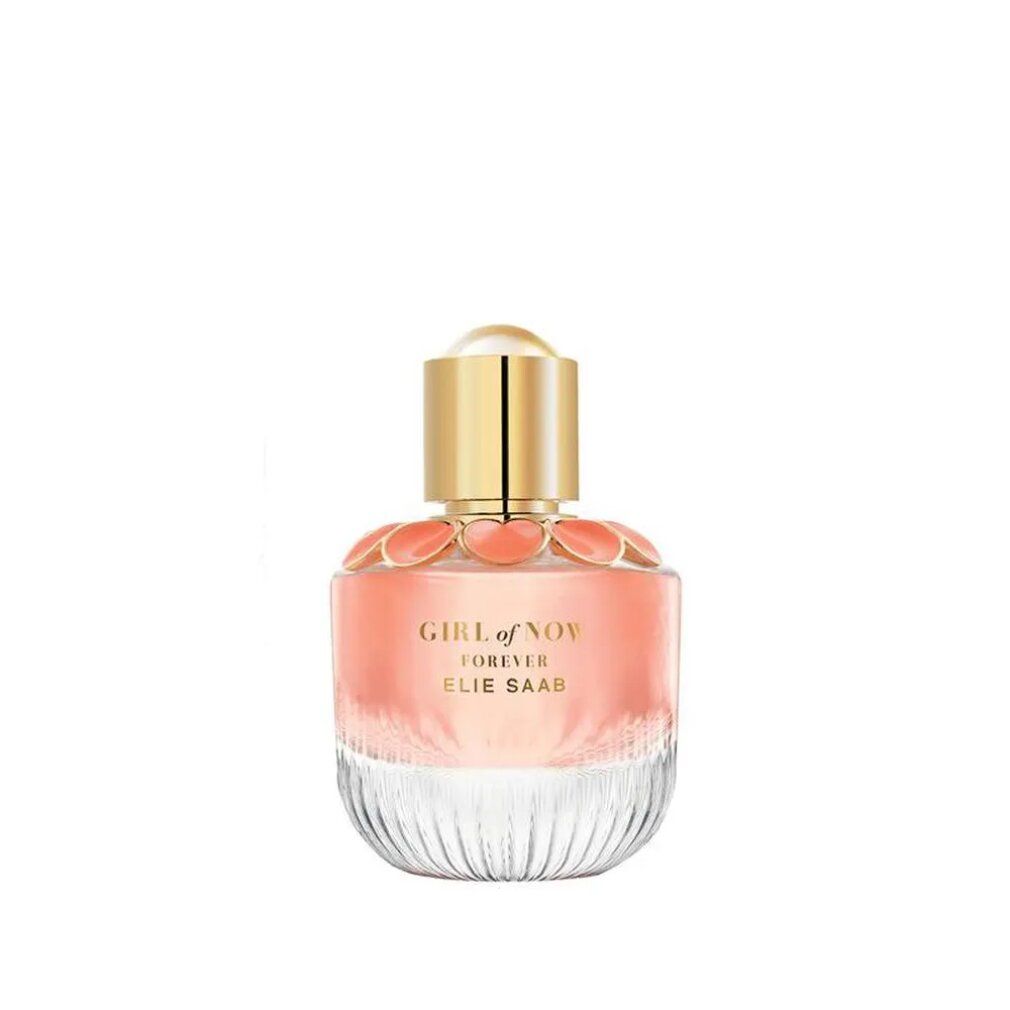 Parfümflasche mit goldfarbenem Deckel und rosa Blütenverzierung. Aufschrift: Girl of Now Forever, Elie Saab.