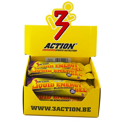 Gelbe Box mit Gel-Päckchen. Aufschrift: Liquid Energy Gel Blackcurrant. Logo: 3Action. Text: www.3action.be.