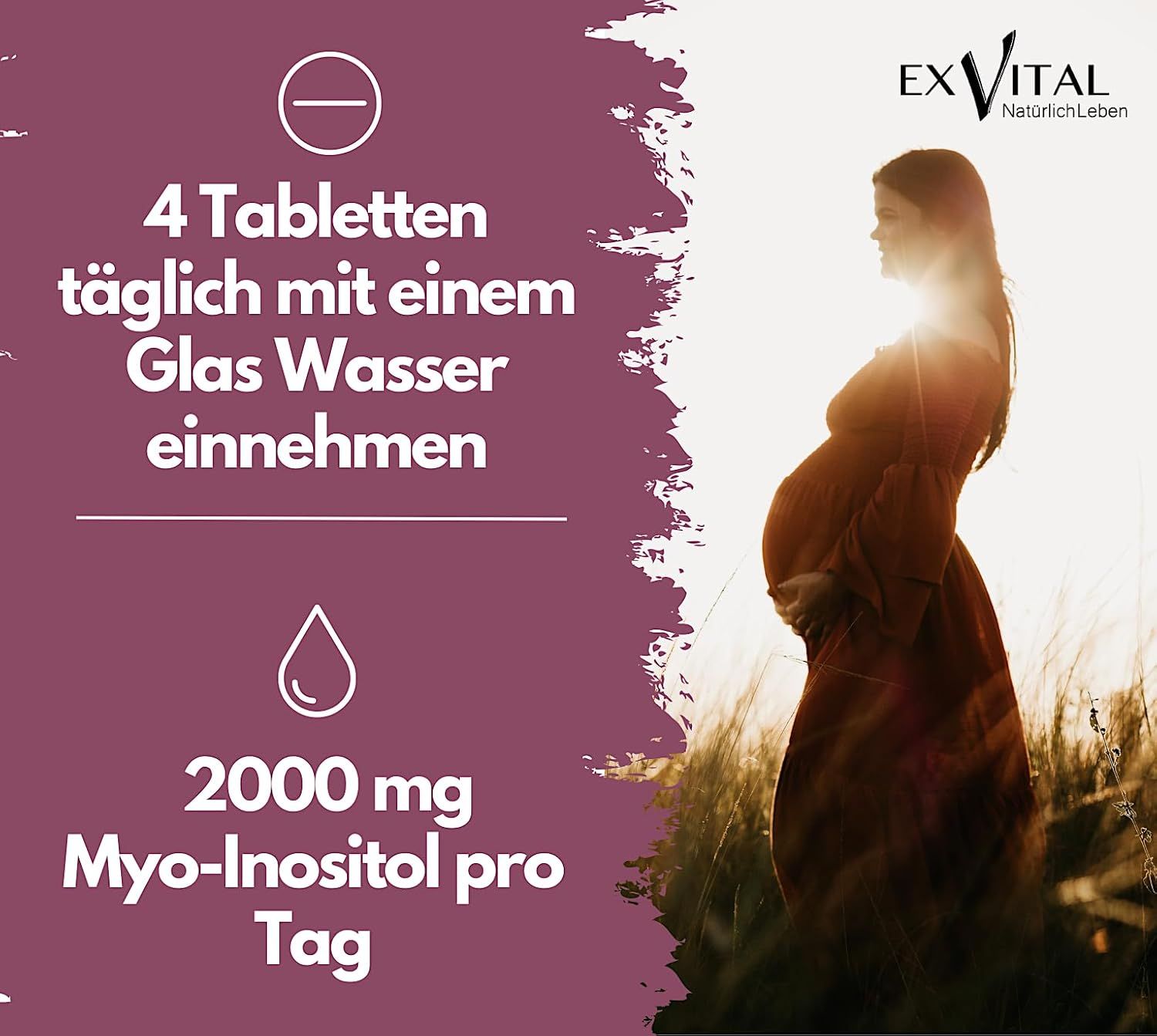 Schwangeren-Silhouette mit Text: 4 Tabletten täglich, 2000 mg Myo-Inositol pro Tag.