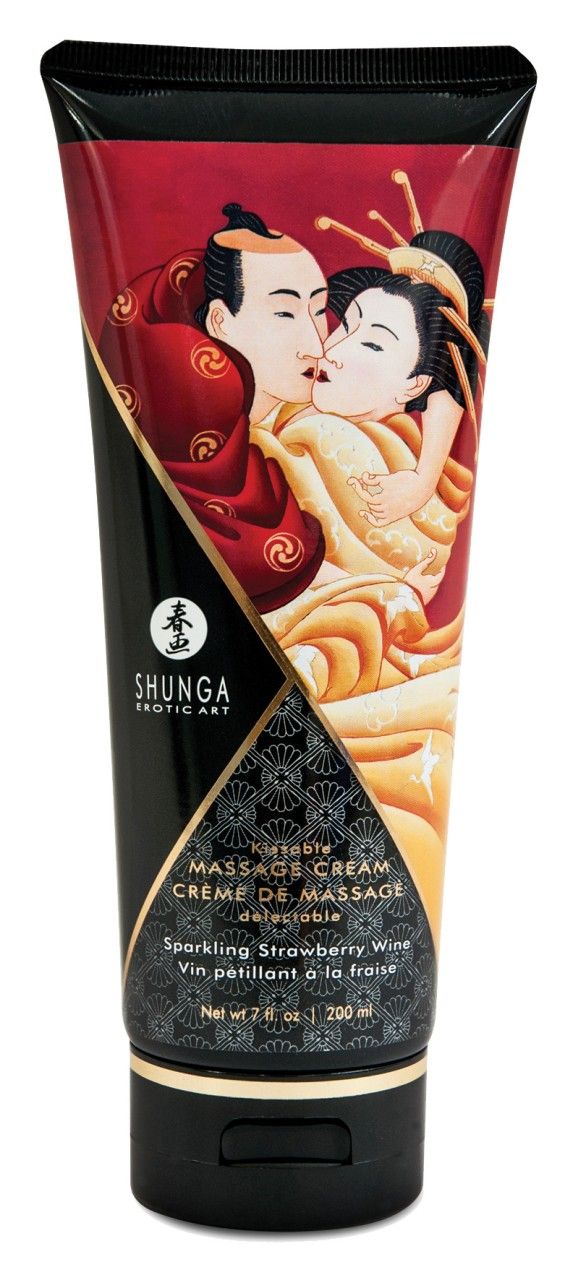 Tube Massagecreme Shunga. Paar-Illustration. Text: Massage Cream, Sparkling Strawberry Wine. Schwarzer Deckel.
